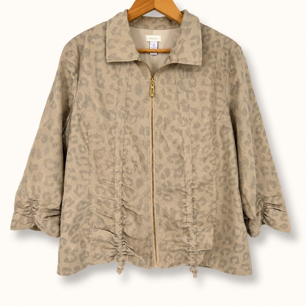 Chicos Women 2 or Large Jacket Leopard Print Ruched Cotton Linen Safari Layering